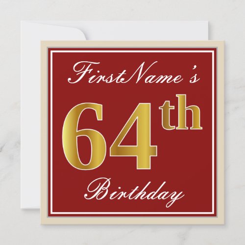 Elegant Red Faux Gold 64th Birthday Custom Name Invitation