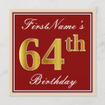 [ Thumbnail: Elegant, Red, Faux Gold 64th Birthday; Custom Name Invitation ]