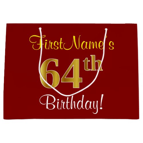 Elegant Red Faux Gold 64th Birthday Custom Name Large Gift Bag