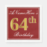 [ Thumbnail: Elegant Red, Faux Gold 64th Birthday + Custom Name Napkins ]