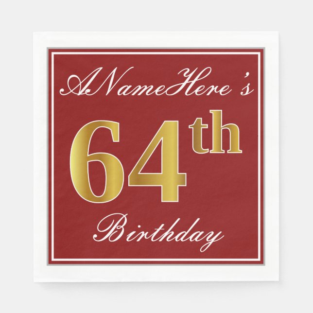 Elegant Red, Faux Gold 64th Birthday + Custom Name Napkins (Front)