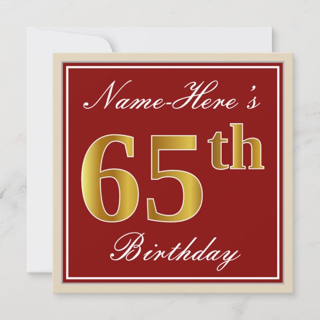 Elegant, Red, Faux Gold 65th Birthday; Custom Name Invitation (Front)