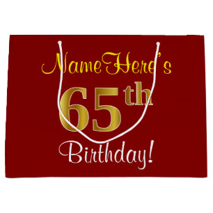 Elegant, Red, Faux Gold 65th Birthday; Custom Name Large Gift Bag