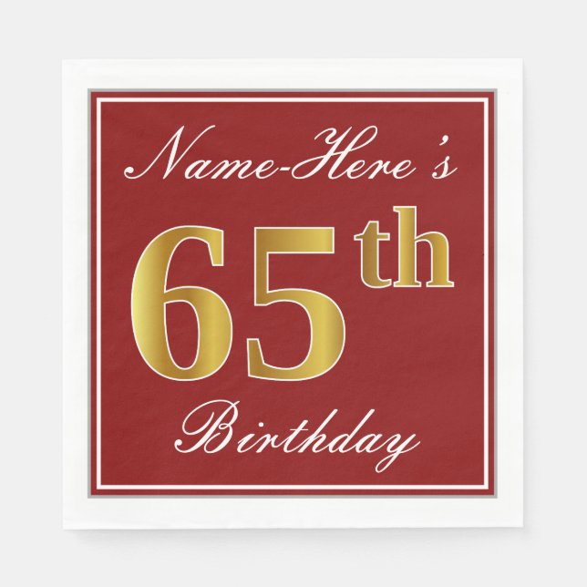 Elegant Red, Faux Gold 65th Birthday + Custom Name Napkins (Front)