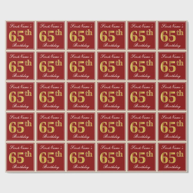 Elegant, Red, Faux Gold 65th Birthday; Custom Name Wrapping Paper (Flat)