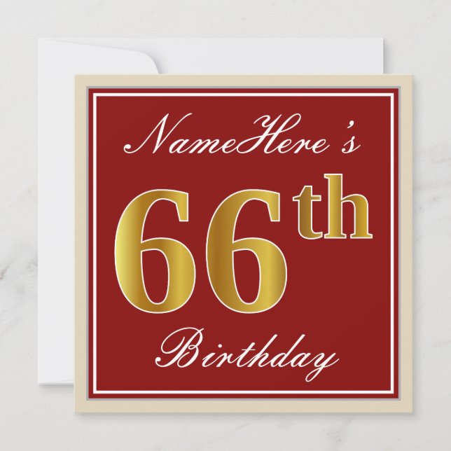 Elegant, Red, Faux Gold 66th Birthday; Custom Name Invitation (Front)