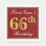[ Thumbnail: Elegant Red, Faux Gold 66th Birthday + Custom Name Napkins ]