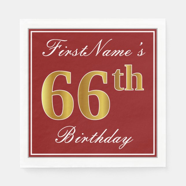 Elegant Red, Faux Gold 66th Birthday + Custom Name Paper Napkins (Front)