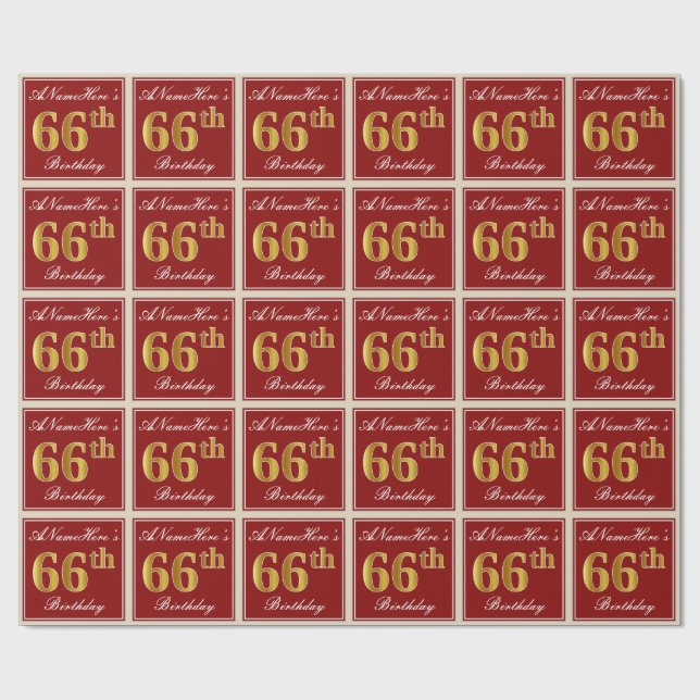 Elegant, Red, Faux Gold 66th Birthday; Custom Name Wrapping Paper (Flat)
