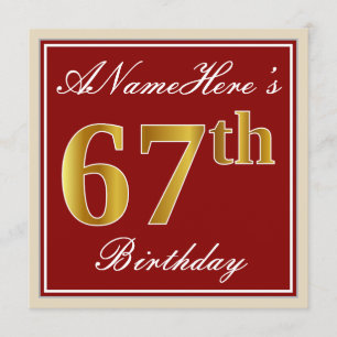 Elegant, Red, Faux Gold 67th Birthday; Custom Name Invitation