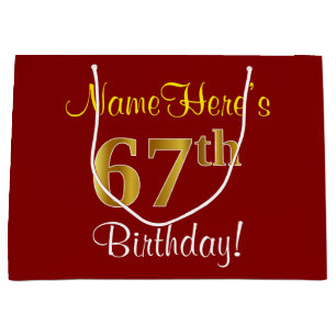 Elegant, Red, Faux Gold 67th Birthday; Custom Name Large Gift Bag