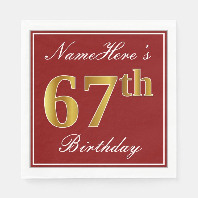 Elegant Red, Faux Gold 67th Birthday + Custom Name Napkins (Front)