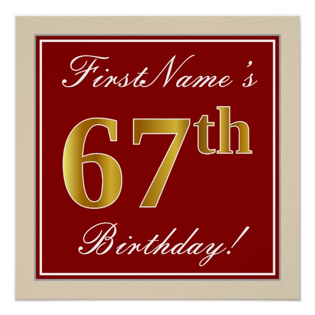 Elegant, Red, Faux Gold 67th Birthday; Custom Name Poster (Front)