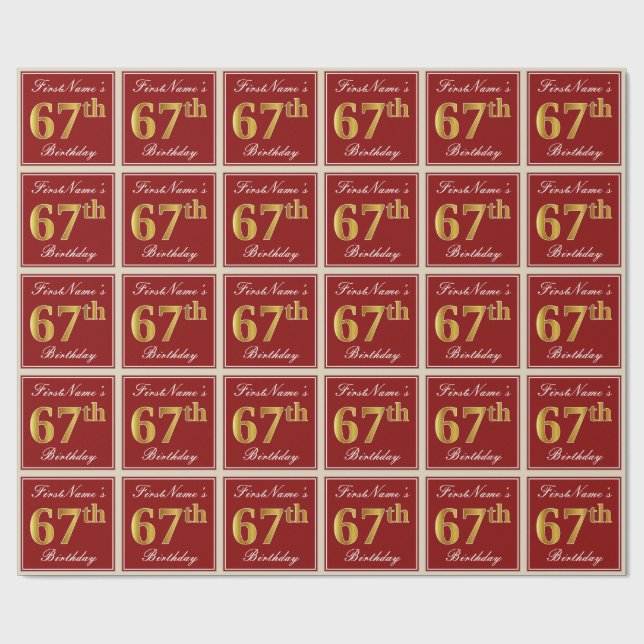 Elegant, Red, Faux Gold 67th Birthday; Custom Name Wrapping Paper (Flat)
