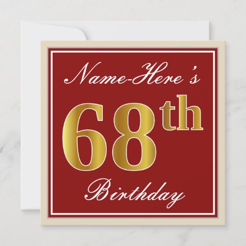 Elegant Red Faux Gold 68th Birthday Custom Name Invitation