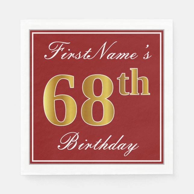 Elegant Red, Faux Gold 68th Birthday + Custom Name Paper Napkins (Front)