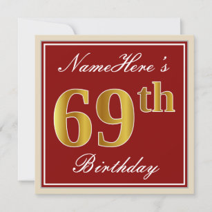 Elegant, Red, Faux Gold 69th Birthday; Custom Name Invitation