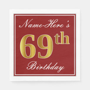 Elegant Red, Faux Gold 69th Birthday + Custom Name Napkins