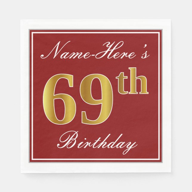 Elegant Red, Faux Gold 69th Birthday + Custom Name Napkins (Front)