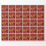 [ Thumbnail: Elegant, Red, Faux Gold 69th Birthday; Custom Name Wrapping Paper ]