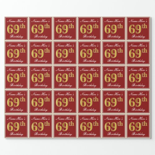 Elegant Red Faux Gold 69th Birthday Custom Name Wrapping Paper