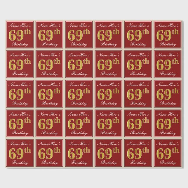 Elegant, Red, Faux Gold 69th Birthday; Custom Name Wrapping Paper (Flat)