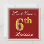[ Thumbnail: Elegant, Red, Faux Gold 6th Birthday + Custom Name Invitation ]