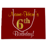 [ Thumbnail: Elegant, Red, Faux Gold 6th Birthday + Custom Name Gift Bag ]