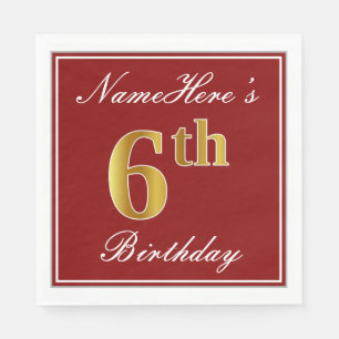 Elegant Red, Faux Gold 6th Birthday + Custom Name Napkins