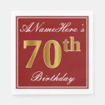 [ Thumbnail: Elegant Red, Faux Gold 70th Birthday + Custom Name Napkins ]