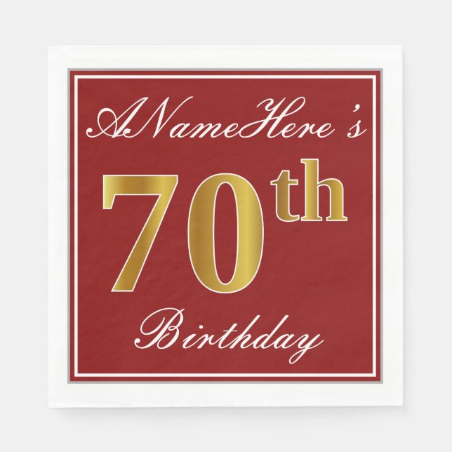 Elegant Red, Faux Gold 70th Birthday + Custom Name Paper Napkins (Front)