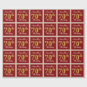 Elegant, Red, Faux Gold 70th Birthday; Custom Name Wrapping Paper