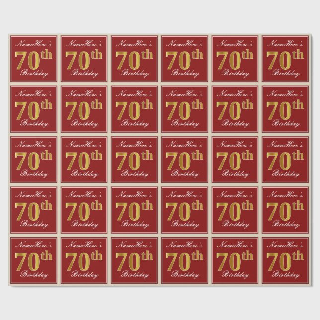 Elegant, Red, Faux Gold 70th Birthday; Custom Name Wrapping Paper (Flat)