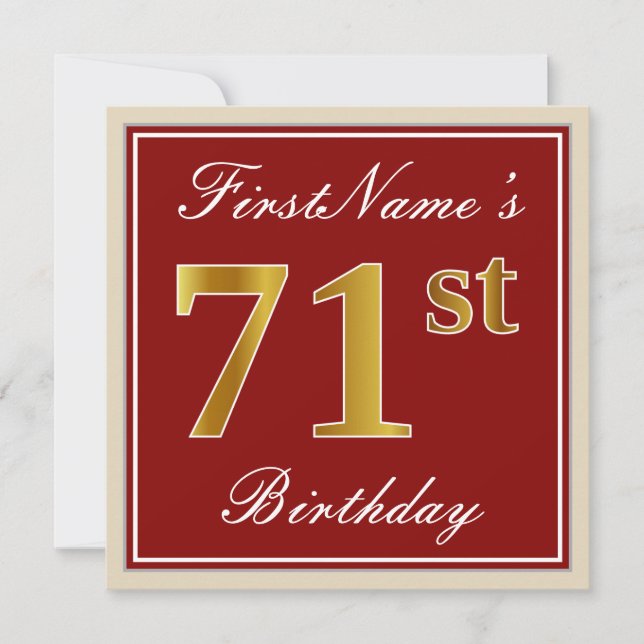 Elegant, Red, Faux Gold 71st Birthday; Custom Name Invitation (Front)