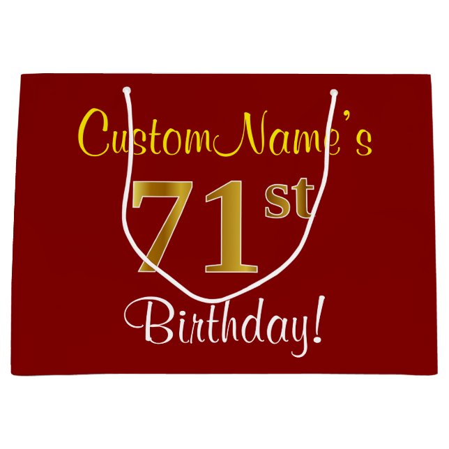Elegant, Red, Faux Gold 71st Birthday; Custom Name Large Gift Bag (Front)