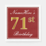 [ Thumbnail: Elegant Red, Faux Gold 71st Birthday + Custom Name Napkins ]