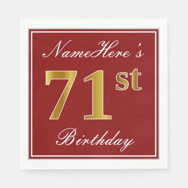 Elegant Red, Faux Gold 71st Birthday + Custom Name Paper Napkins (Front)