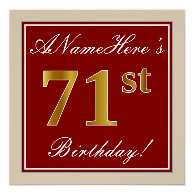 Elegant, Red, Faux Gold 71st Birthday; Custom Name Poster (Front)