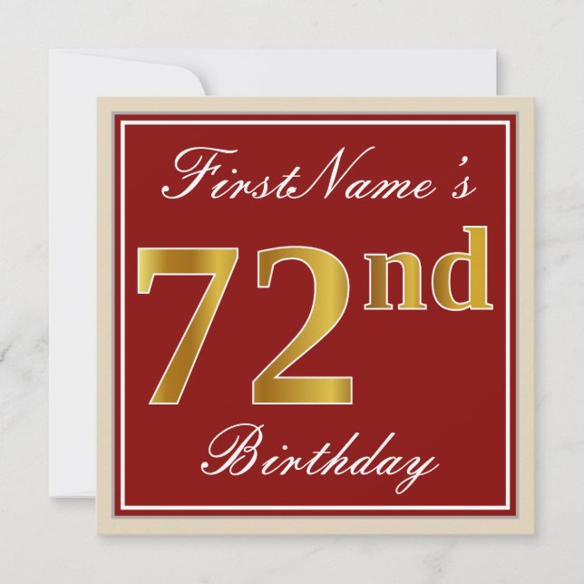 Elegant, Red, Faux Gold 72nd Birthday; Custom Name Invitation (Front)