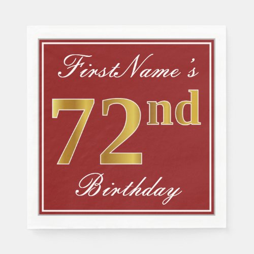 Elegant Red Faux Gold 72nd Birthday  Custom Name Napkins