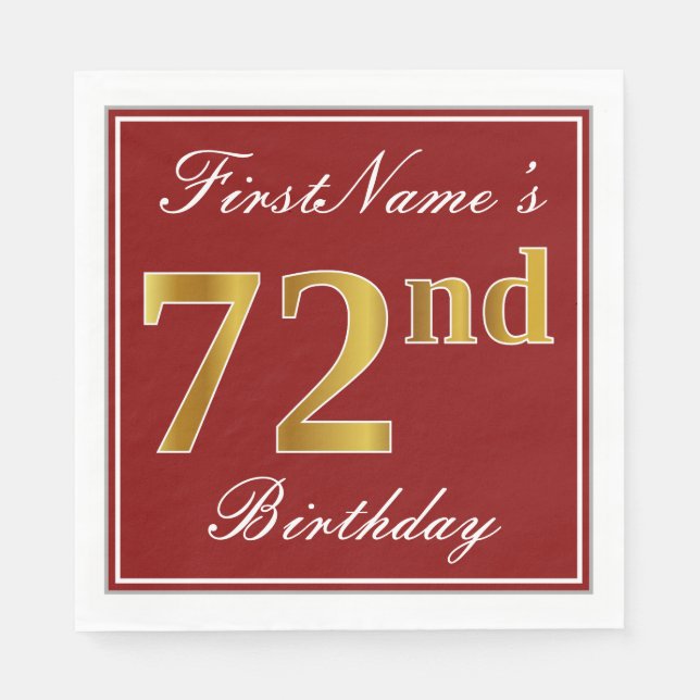 Elegant Red, Faux Gold 72nd Birthday + Custom Name Napkins (Front)