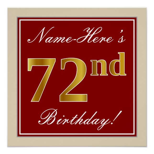 Elegant, Red, Faux Gold 72nd Birthday; Custom Name Poster (Front)