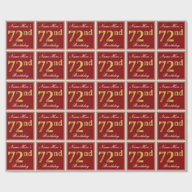 Elegant, Red, Faux Gold 72nd Birthday; Custom Name Wrapping Paper (Flat)