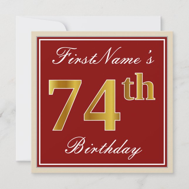 Elegant, Red, Faux Gold 74th Birthday; Custom Name Invitation (Front)