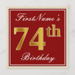 [ Thumbnail: Elegant, Red, Faux Gold 74th Birthday; Custom Name Invitation ]