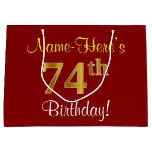 Elegant, Red, Faux Gold 74th Birthday; Custom Name Large Gift Bag