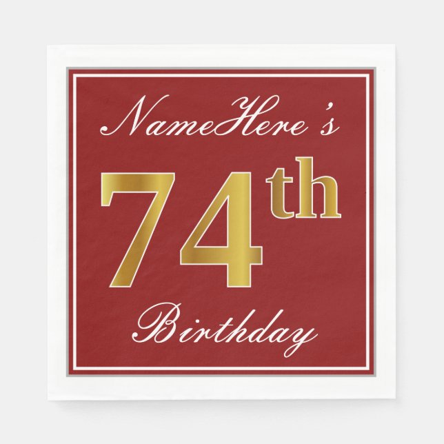 Elegant Red, Faux Gold 74th Birthday + Custom Name Paper Napkins (Front)