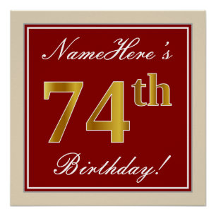 Elegant, Red, Faux Gold 74th Birthday; Custom Name Poster