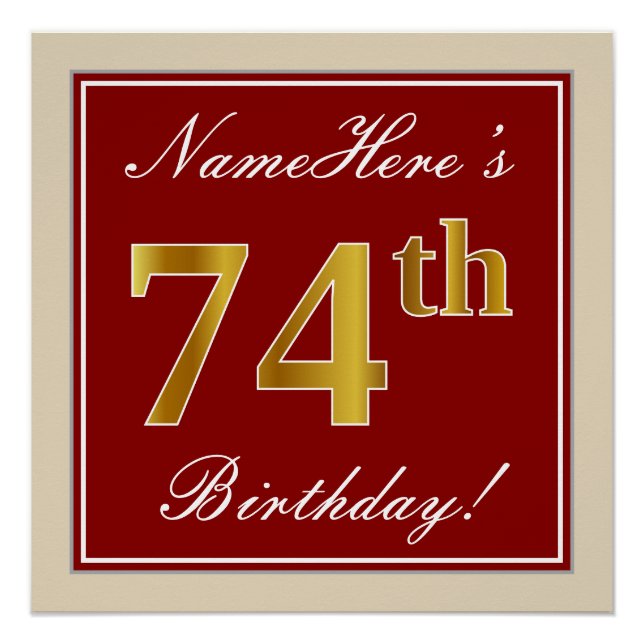 Elegant, Red, Faux Gold 74th Birthday; Custom Name Poster (Front)