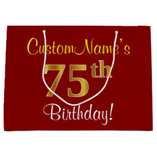 Elegant, Red, Faux Gold 75th Birthday; Custom Name Large Gift Bag
